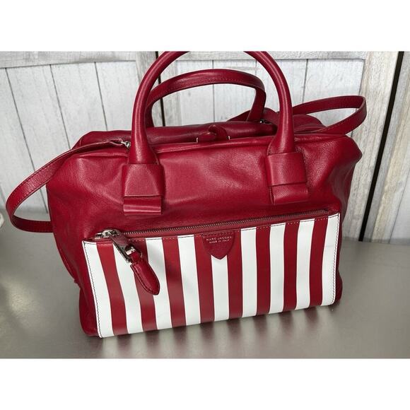Marc Jacobs Red White Leather Small Striped Prince Antonia Satchel Handbag Italy - Picture 1 of 11